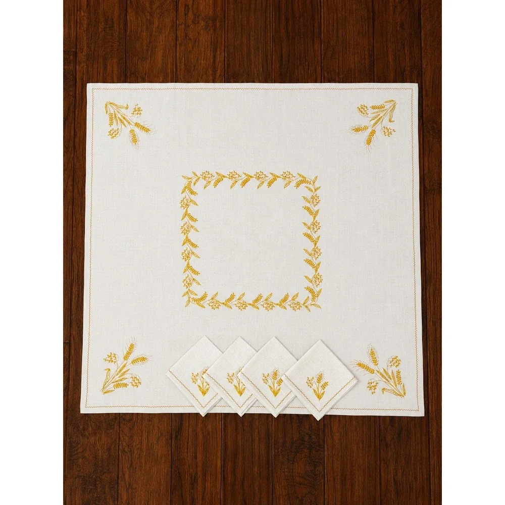 Vintage Linen Tablecloth & 4 Napkins Gold Floral Wheat Embroidered 37x38 Set 70s